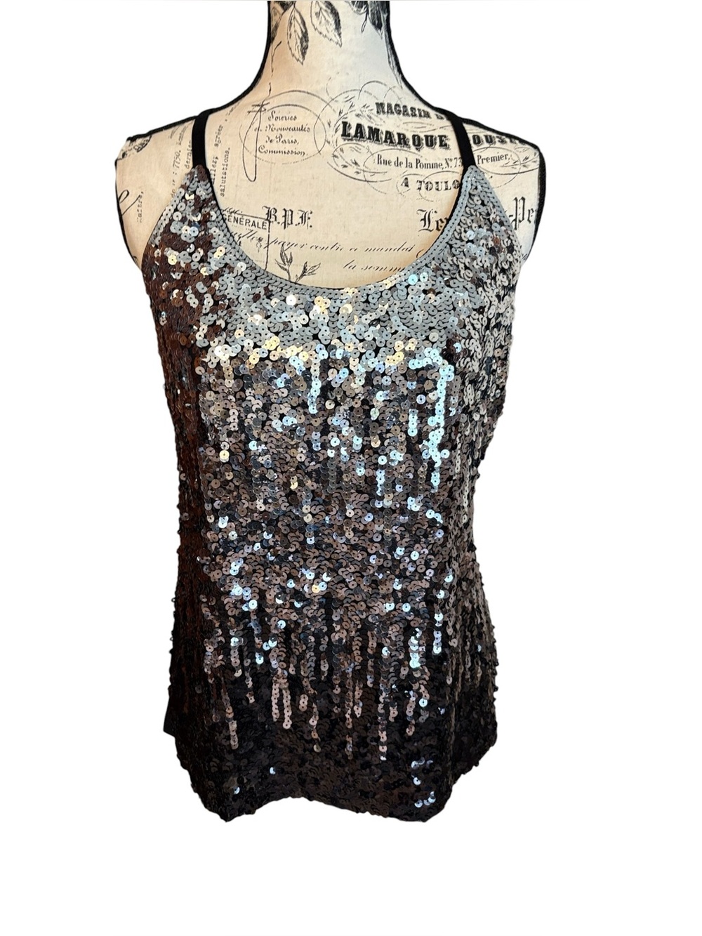 Maner Women’s Sequin Ombré Cami Tank Top Silver & Black Size L New